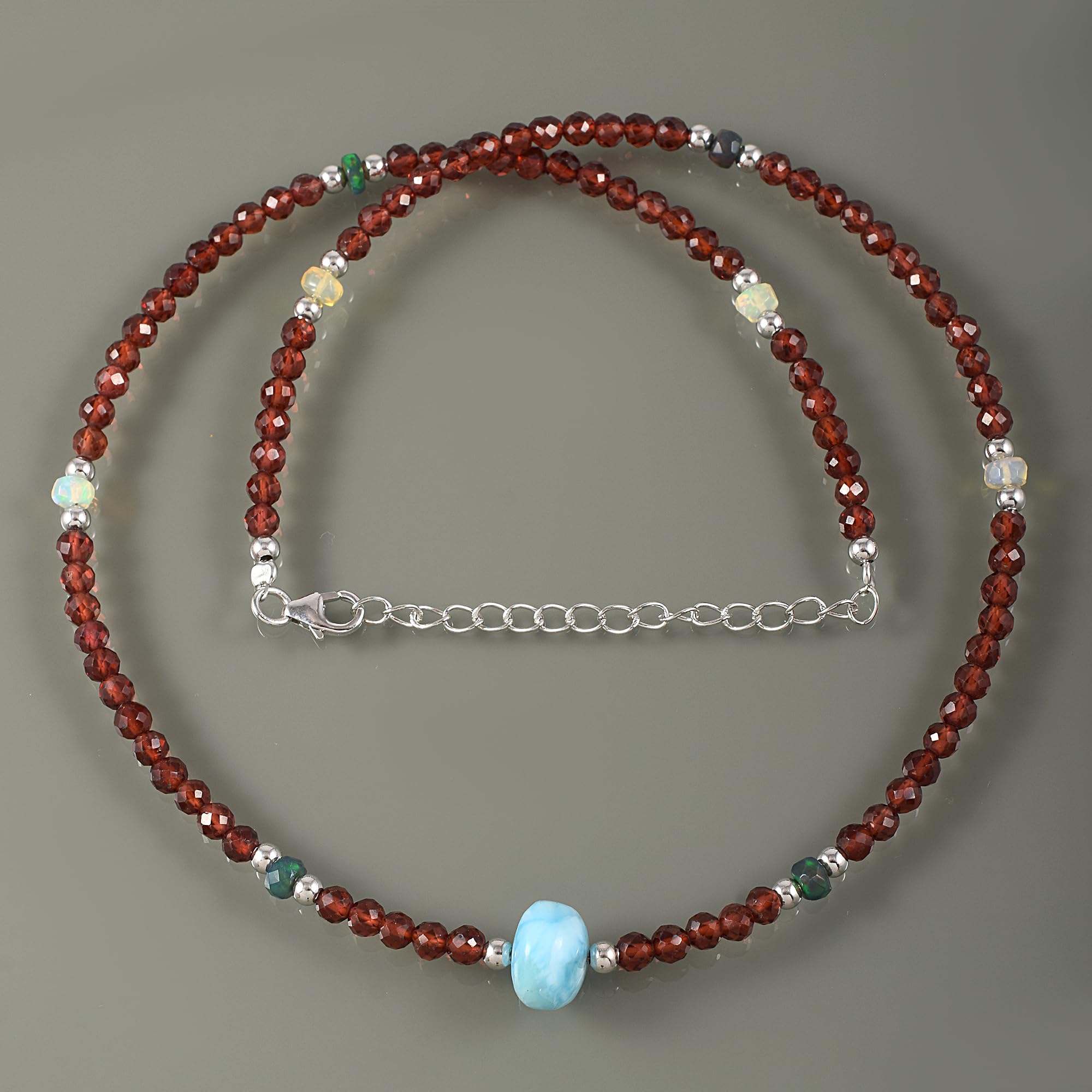 Collar de plata de ley 925 con granate natural y larimar, joyería minimalista de cristal curativo, cuentas facetadas redondas, hebra de 18 pulgadas, regalo único de piedras preciosas,