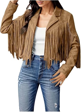 Womens Fringe Jacket Fall Faux Suede Jackets Tassel Motorcycle Cowgirl Western Concert Outfits Cropped Jackets