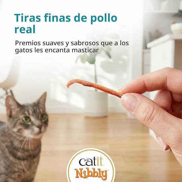 Foto 5 de 6 de Catit Nibbly Jerky Snack seco saludable para gatos, tiras de pollo masticables, Pollo y Pescado, 30 g
