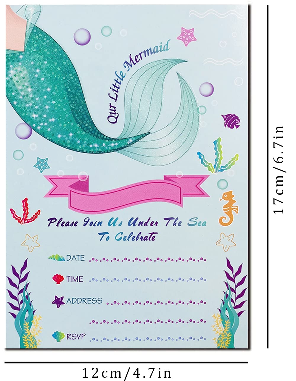 12 Cartes D'Invitation Pailletées Sirène + Enveloppes - Thème Fête Anniversaire Enfants Filles Garçons - Design Scintillant Pour Anniversaires Et Fêtes