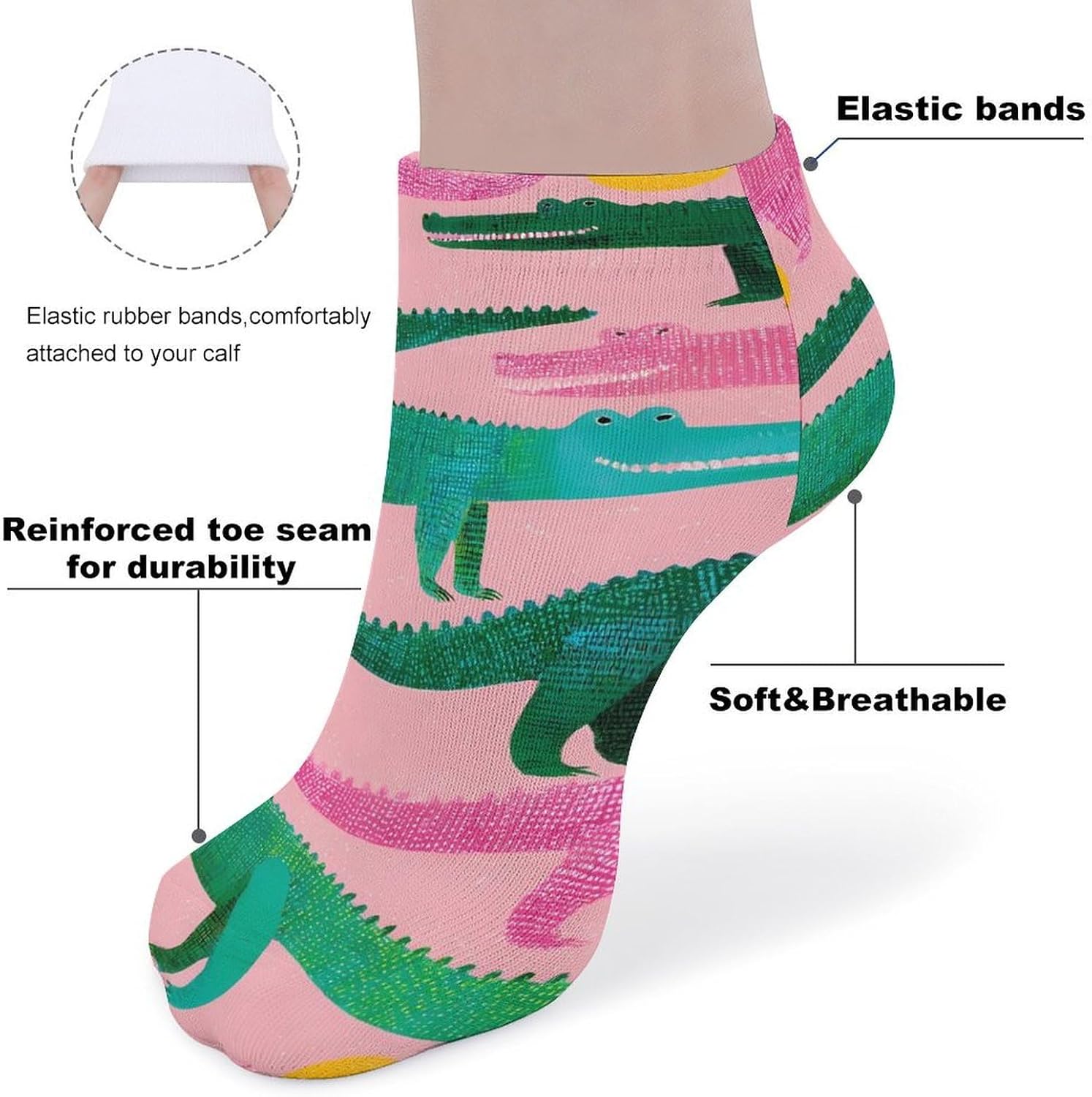 Crocodiles Alligator Pinkgreen No Show Ankle Socks Low Cut Non Slip Flat Boat Line 5 Pairs Set