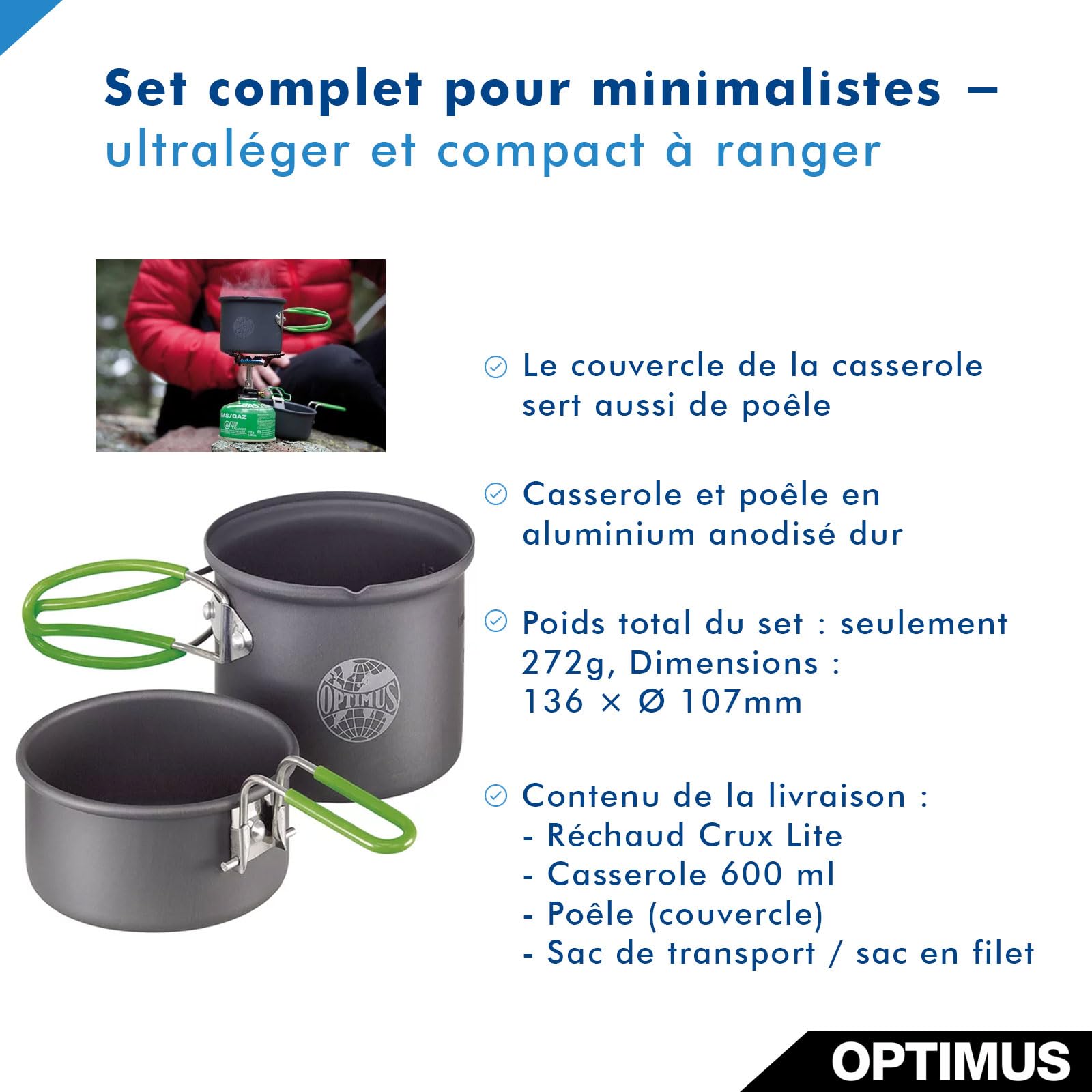 Optimus Crux Lite Solo – Système de cuisson gaz ultra‑léger pour camping & trekking : réchaud + casserole 0,6 L & poêle | 3000 W | poids total 272 g | avec sac filet et pochette néoprène