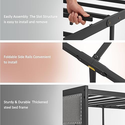 Miniatura 5 de VECELO Base de cama tamaño individual con cabecero y estribo tapizados de lino, plataforma resistente con listones de metal fuertes, no necesita