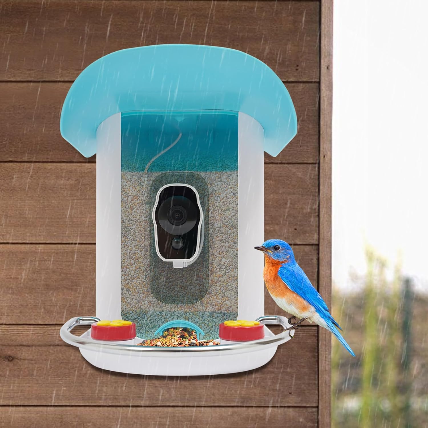 Bird Feeder with Camera, 1080P 2MP 150° Wide Angle Smart Bird Feeder with Camera Solar-Powered Outdoor WiFi Video Birds Watching Camera for Elders, Birds Lovers (Blue&Whit)