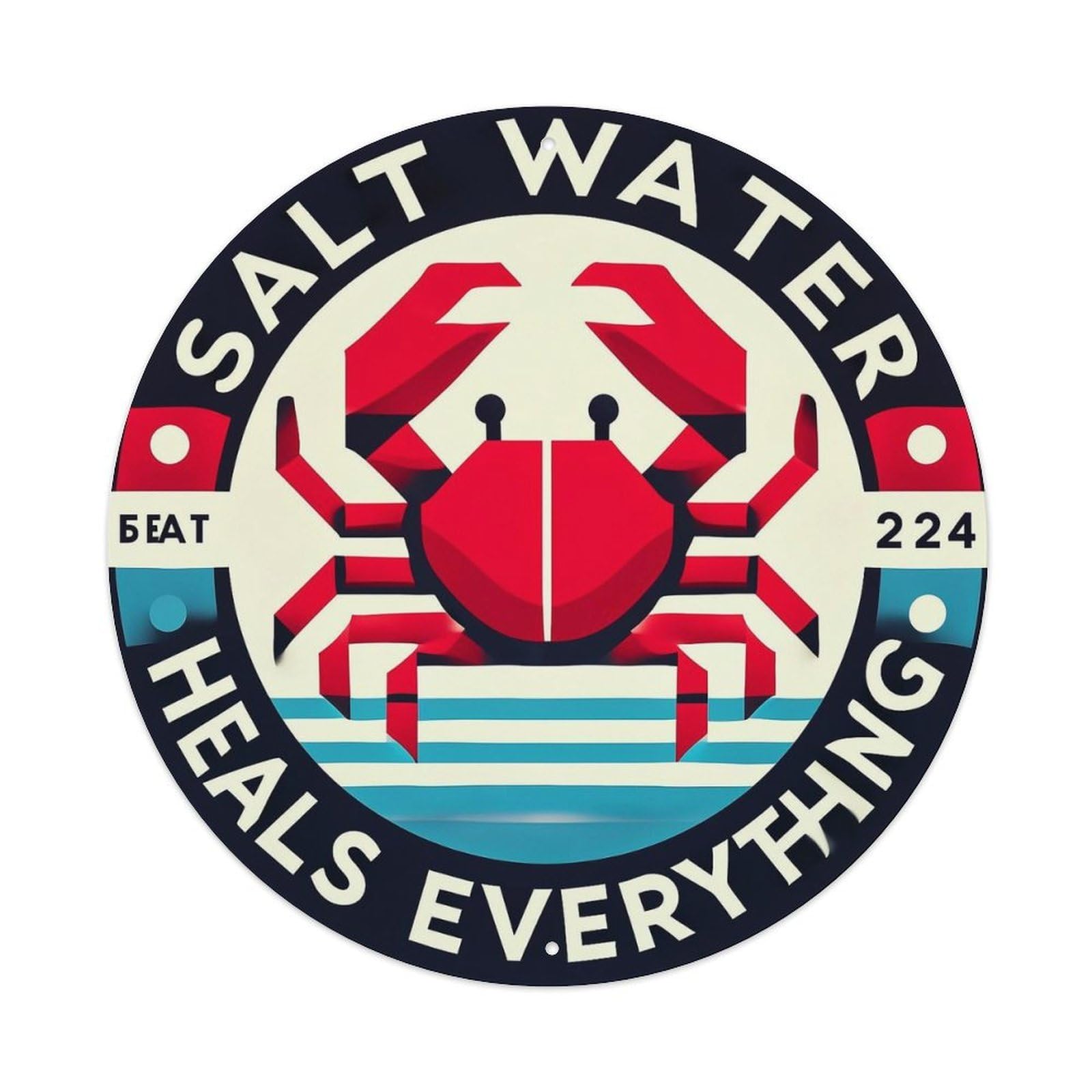 Salt Water Heals Everything Crab Round Tin Sign Vintage Metal Sign Home Bar Garden Indoor & Outdoor Wall Decor Retro Metal Poster 8x8 Inch