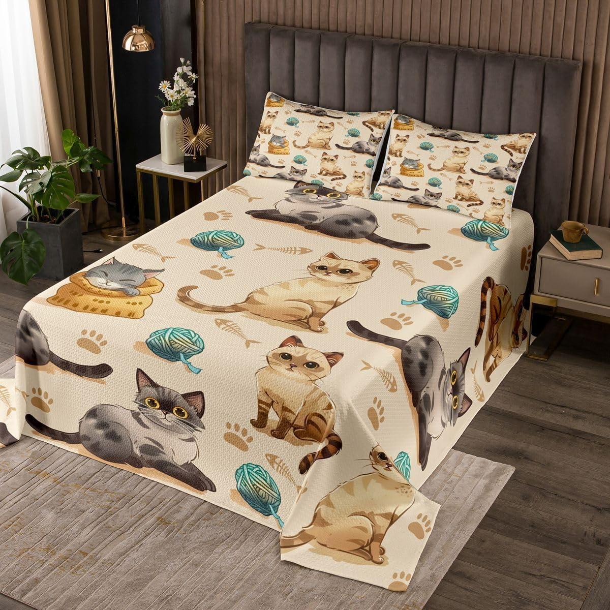 jejeloiu Cartoon Cat Bedspread King Size Cats Print Coverlet Set Animal Quilted Coverlet for All Season with 2 Pillowcases Microfiber Lightweight