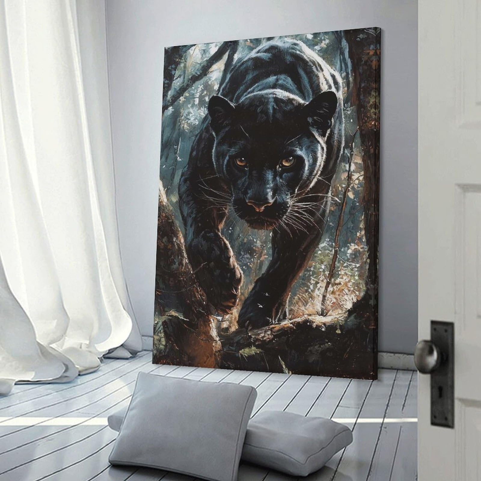 Junmoney Frame-Style-10-1 Wall Picture Print Black Panther In Forest, 20X30inch(50X75cm), For Wall Displays, Bedrooms Or Room Updates, Wall Decor Suited To Curated Displays