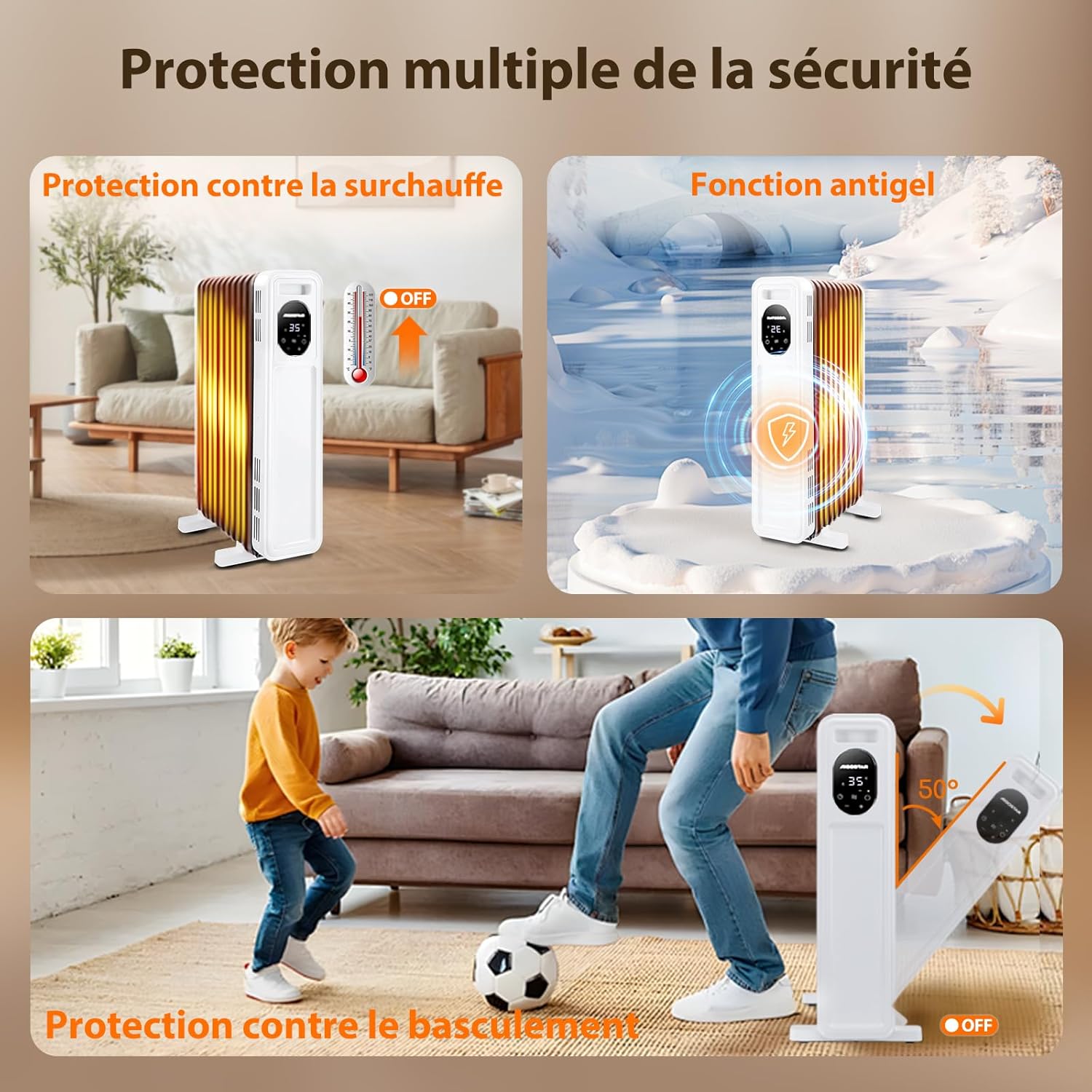 Aigostar oil-filled radiator demonstrating overheat protection, anti-freeze function, and tip-over protection.