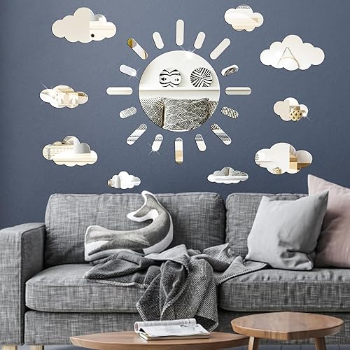 Miniatura 5 de Calcomanías de espejo de sol y nube calcomanías de espejo acrílico 3D autoadhesivas decorativas plateadas extraíbles para niños dormitorio baño sala
