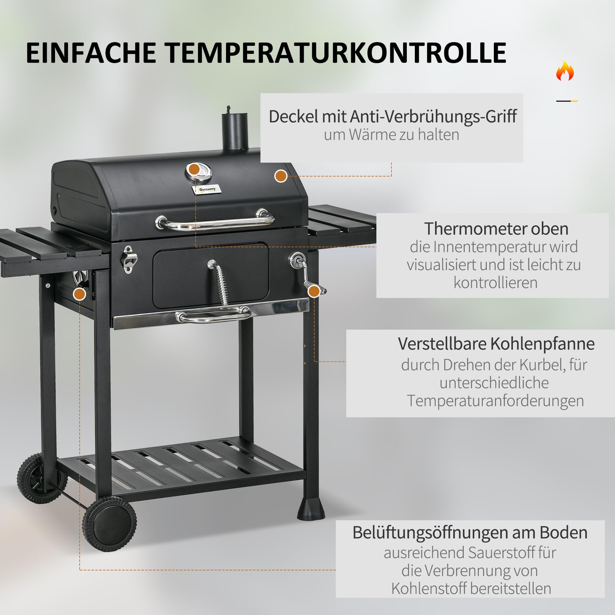 Outsunny Grill na węgiel drzewny, grill kempingowy z dwoma rusztami do grillowania, składana półka boczna, wózek z regałem, uchwyt do BBQ, stal nierdzewna, czarny, 120 x 64 x 114 cm