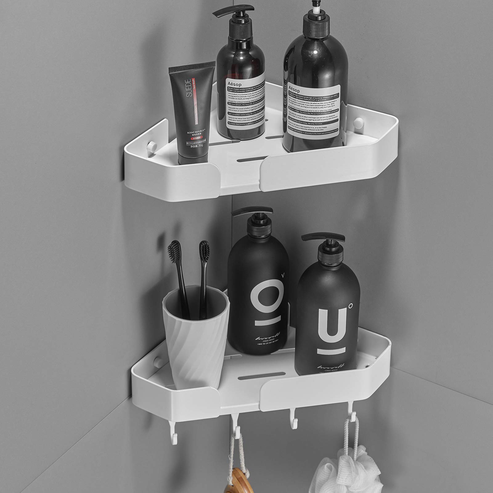 Delysia King 2-Pack Shower Shelf Adhesive Corner Shower Caddy Bathroom Shelves with Hooks Wall Mounted Organization and Storage,No Drilling