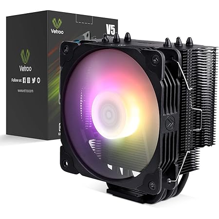 Vetroo V5 CPU Cooler - 5 Direct Contact Heat Pipes - 120mm PWM Fans - Addressable RGB Light - Intel/AMD Socket Support (Black)