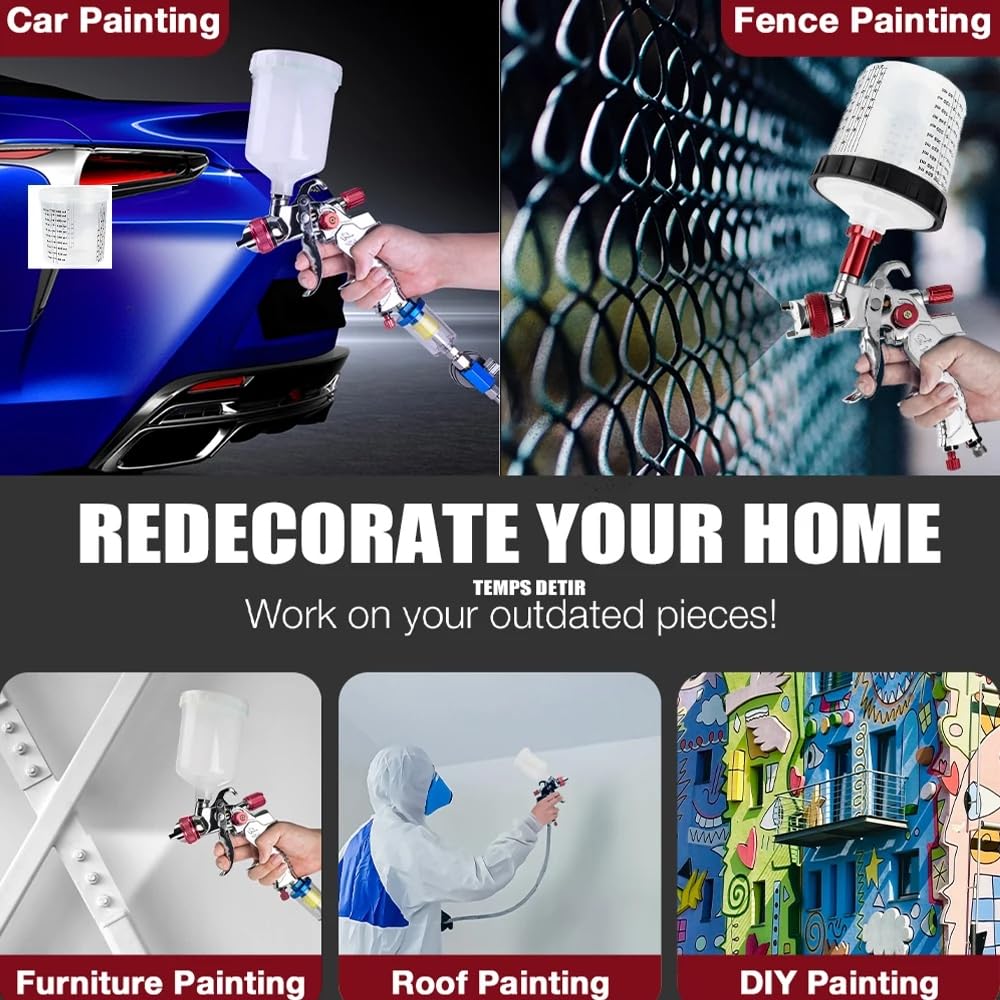 Spruzzatore di vernice automatico professionale HVLP con ugelli da 1,4 mm 1,7 mm 2,0 mm Strumento pistola a spruzzo Tazza spray 10 tazze usa e getta da 600 ml (blu)