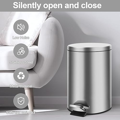 Miniatura 3 de PULNDA Cubo de basura redondo de 2.1 galón8 litros, cubo de basura con tapa, cubo de basura de acero inoxidable cepillado con cubo extraíble para