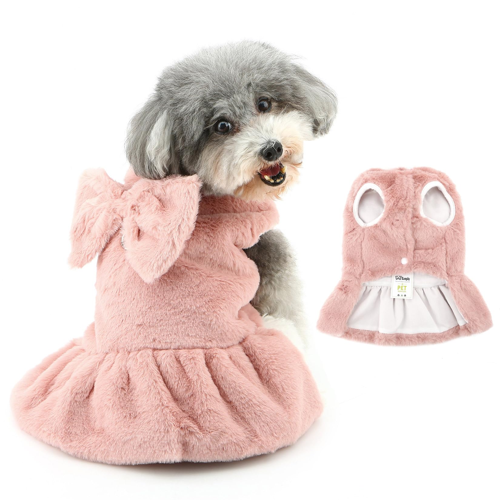 Ranphy Pet Plush Fleece Jumper Dress for Small Dog Fluffy Puppy Princess Skirt Outfits with Leash Ring Bow Sleeveless Yorkie Chihuahua Autumn Winter Female Dog Clothes Cat Clothing,Pink,XS — image 1