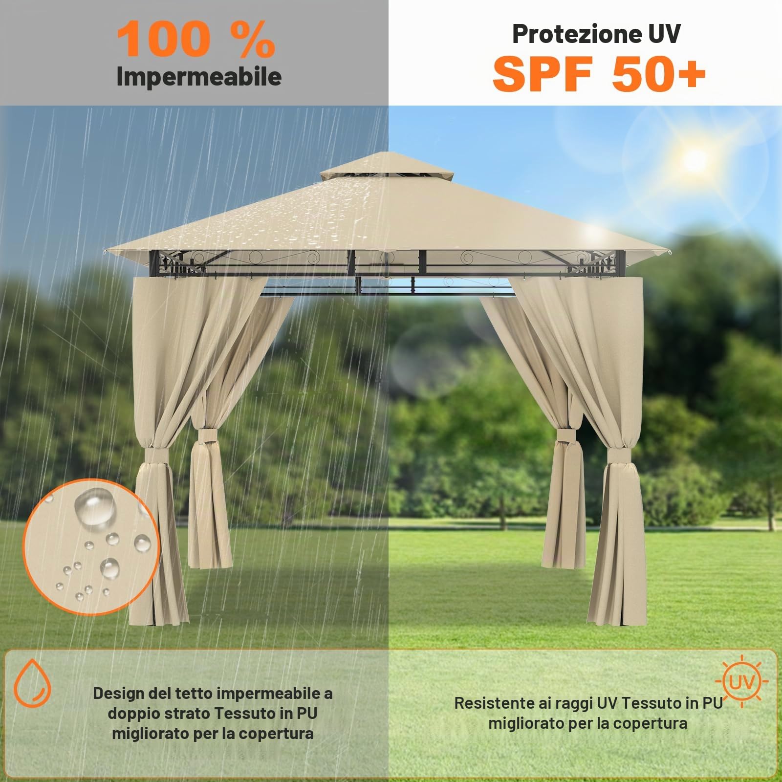 Devoko Gazebo da Giardino 3x3,Telo Gazebos 3x4 Impermeabile,Gazebo Esterno Resistente,Telaio in Metallo, Gazebos,Beige