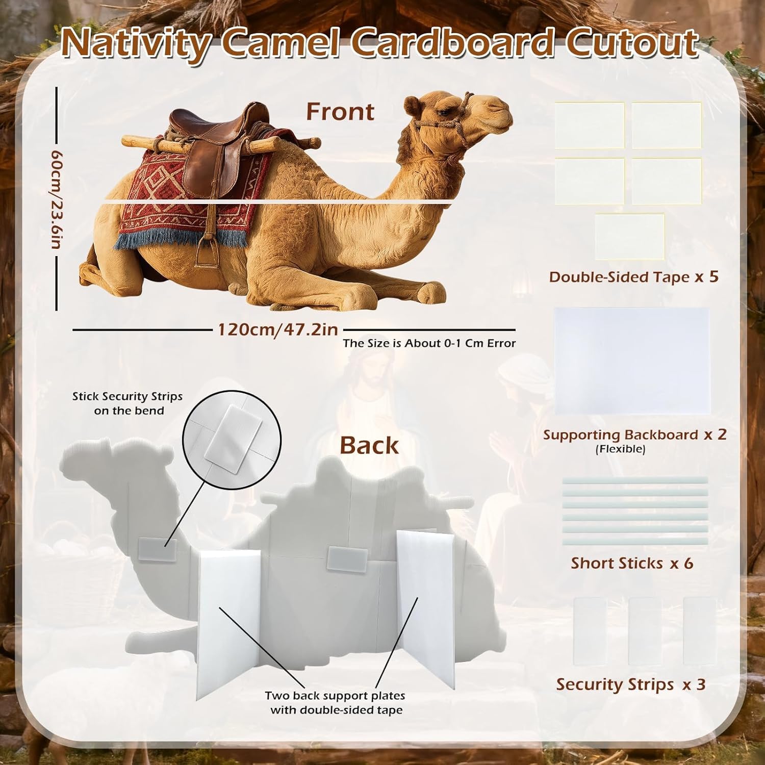 Nativity Camel Cardboard Cutout, Christmas Life Size Stand Ups, Large Camel Photo Props, Christmas Nativity Scene Decorations for Xmas Holy Family Christian Vbs Party Supply 23.6 x 31.5 Inch
