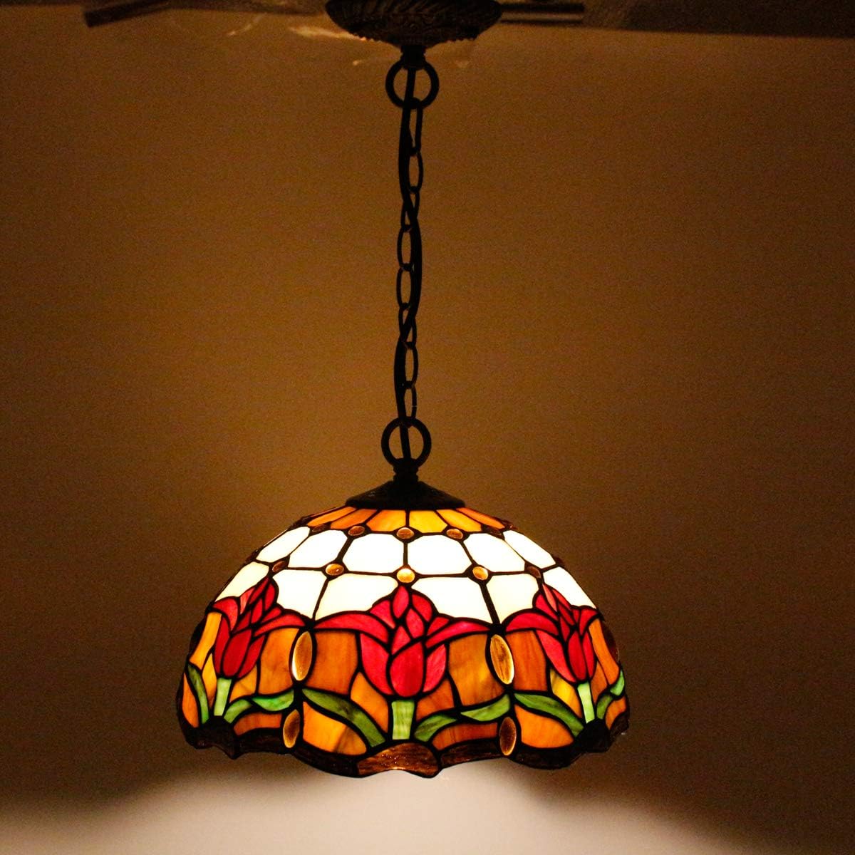 New Deal Tiffany Pendant Lighting for Kitchen Island Fixture 12 Red Stained Glass Tulip Flower Shade Industrial Boho LED Pendant Lamp Rustic Farmhouse Chandelier Swag Hallway Living Dining Room WERFACTORY