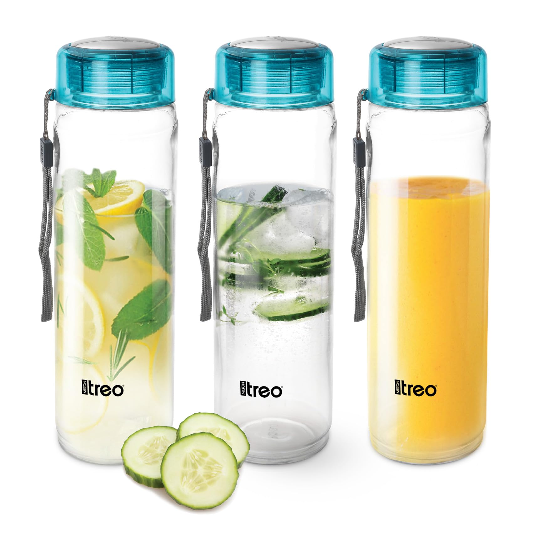 Treo By Milton Hector Glass Bottle Set of 3, 1000 ml each I Leak Proof I Premium Glass I Food Grade-Bpa Free Material I Odour Proof I Easy To Carry Strap I Perfect for Home, Office, Blue