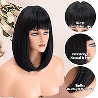 Vista 2 de Colorful Queen Pelucas Bob para mujer, peluca corta negra con flequillo, pelucas de pelo sintético lacio Yaki, peluca de disfraz diario para mujer