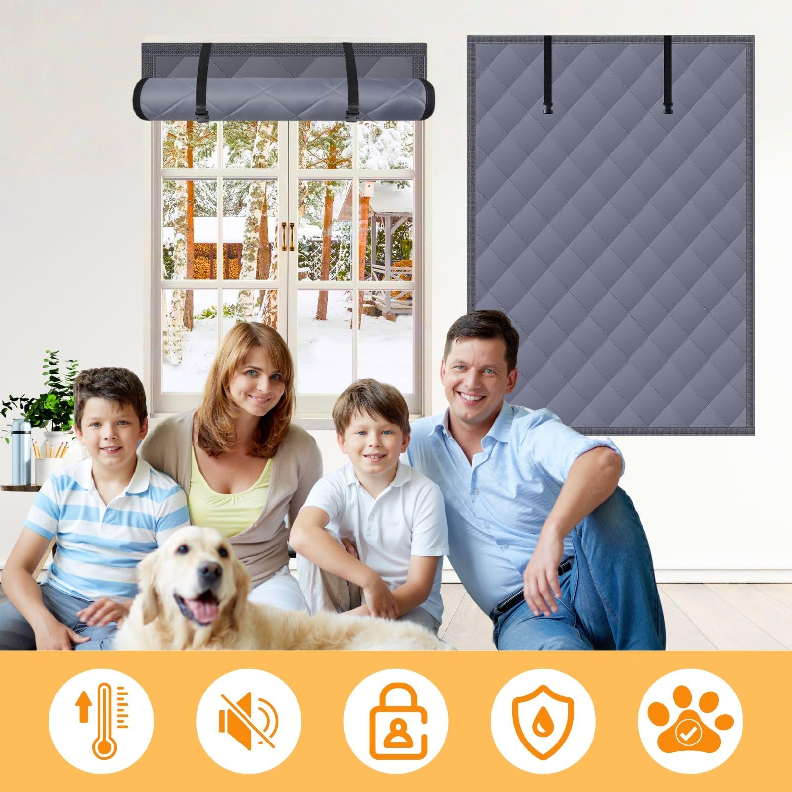 Thermo Cover Fenster Winter Isolierung Winddicht Wärmende Baumwollvorhänge Fensterisolationsset Wiederverwendbar, 100x120 cm zur Wärmedämmung an Fenstern(Gray,200x200cm)