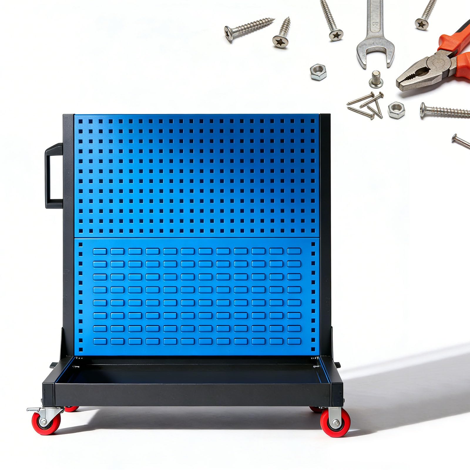 Estante Herramientas Modular, Estante de Almacenamiento para Garaje con Tablero Perforado y Ruedas con Frenos, Carro de Banco de Trabajo Móvil para Fácil Acceso en Taller de Garaje Fábrica 2Tier