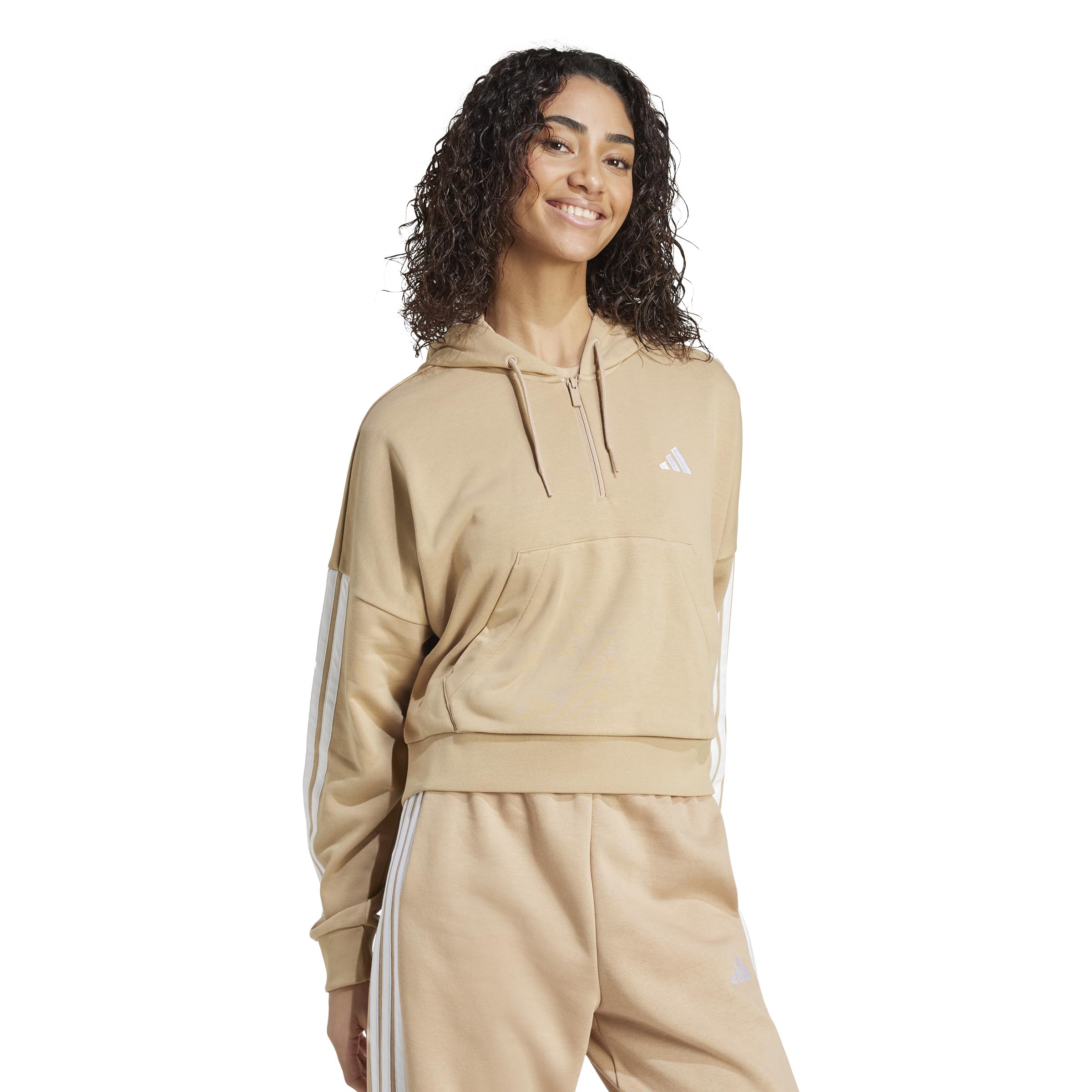 adidas Kobiety ESSENTIALS 3-STRIPES FRENCH TERRY QUARTER-ZIP HOODIE, warm sandstone/white, XL