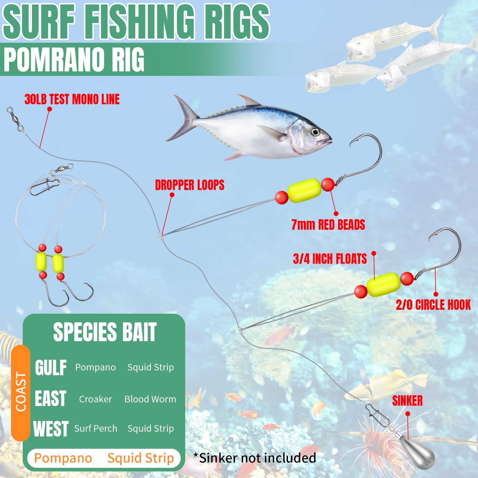 JellyArch 12 Stück Pompano Rigs für Brandungsangeln, Offshore, Surfen, Angelvorrichtungen, Salzwasser, Ausrüstung, Surfen, Angelzubehör mit 2/0 Kreishaken, Doppelkreis-Wirbel, Duo-Lock-Druckknöpfe