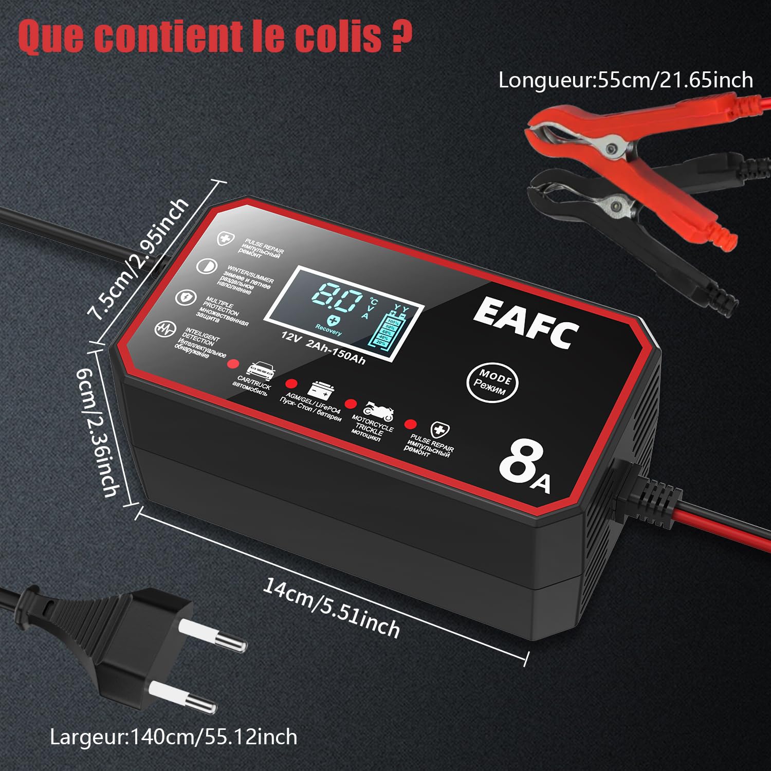 Chargeur de Batterie 12V 8A Intelligent - Chargeur Universel pour Voiture/Camion/Moto avec Fonction Réparation, Sécurité Anti-Court-Circuit et Écran LCD (Garage, Camping, Usage Domestique)