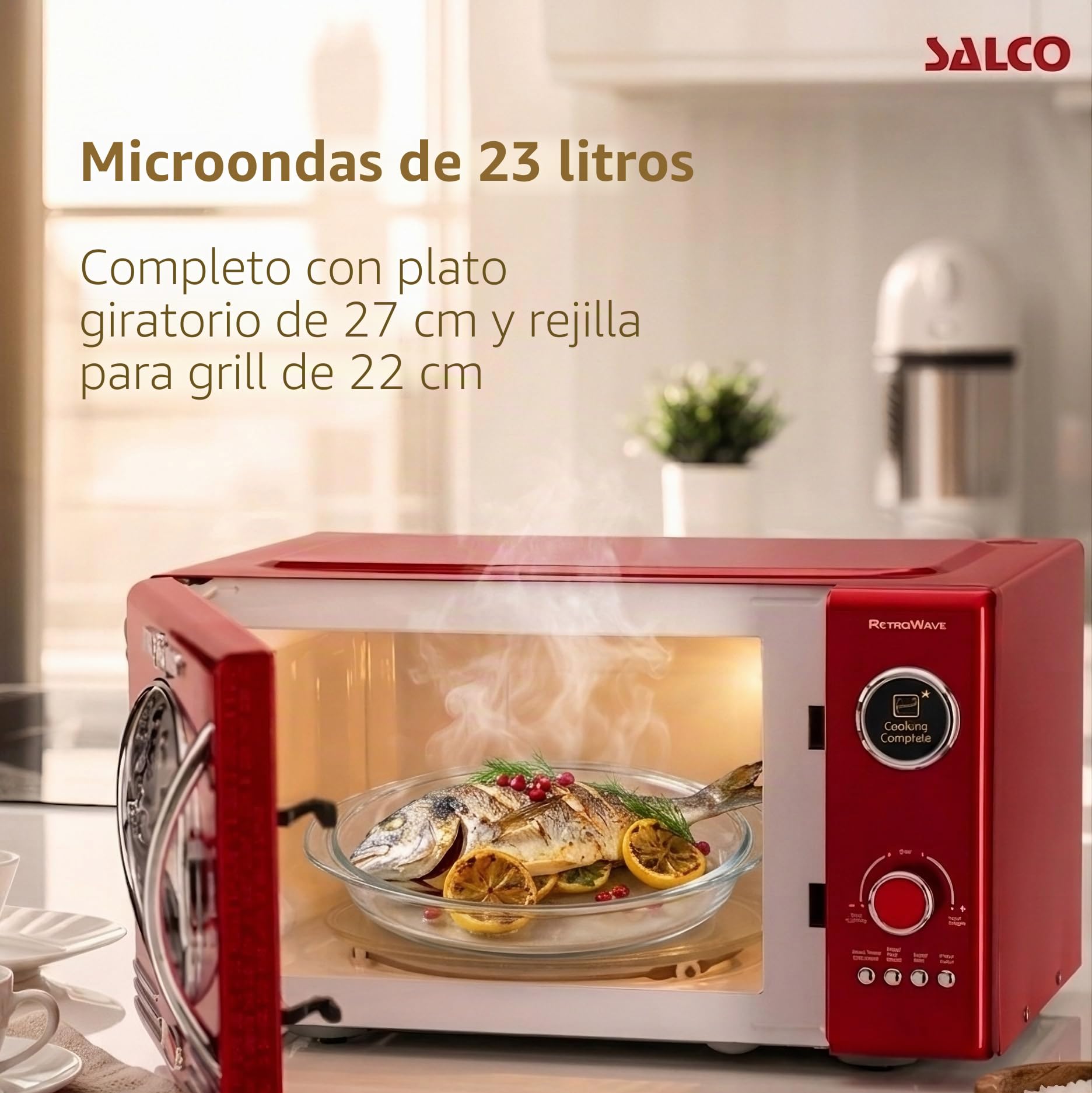 Salco Microondas 2 en 1 | Estilo retro | Capacidad 23 L | 900 W | 12 programas incluyendo descongelar y calentar | Función exprés | Plato giratorio y rejilla grill incluidos | Rojo metálico