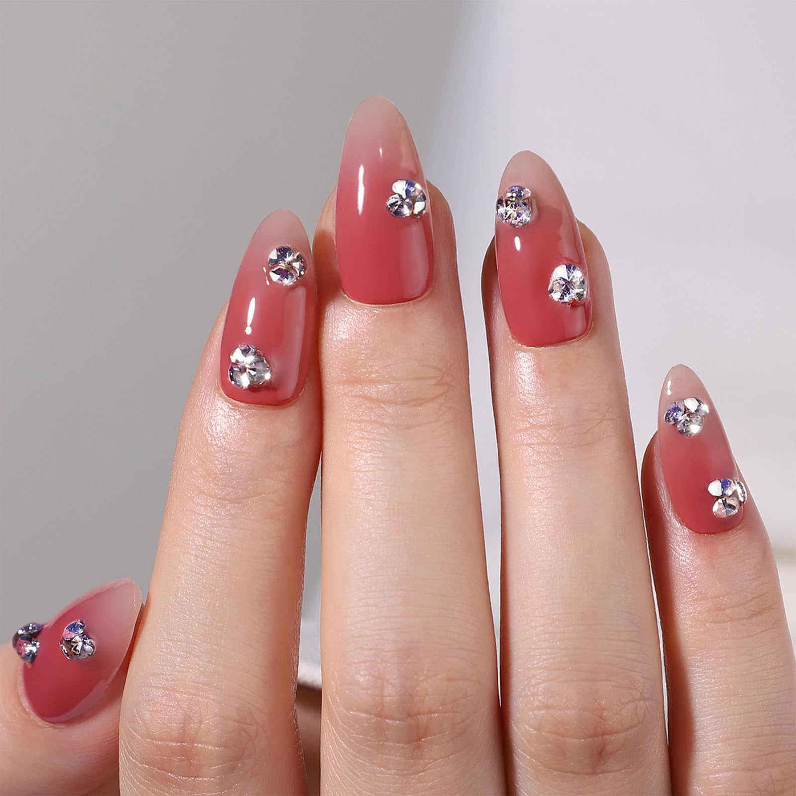 Red Press on Nails Medium Almond Fake Nails Press ons with Designs Rhinestone False Nails Glitter Glossy Full Cover Gel Acrylic Artificial Glue on