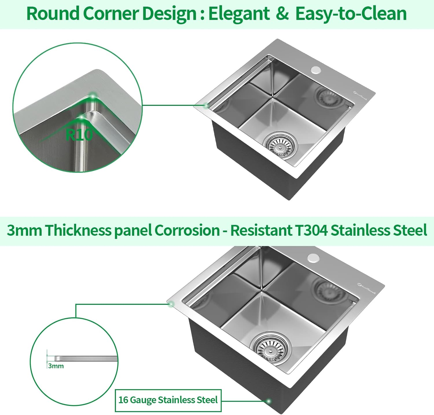 Kitchen Sink, 15 x 15 x 10 inch Small Bar Prep Sink 16 Gauge Stainless Steel Drop Single Bowl Workstation with Cutting Board