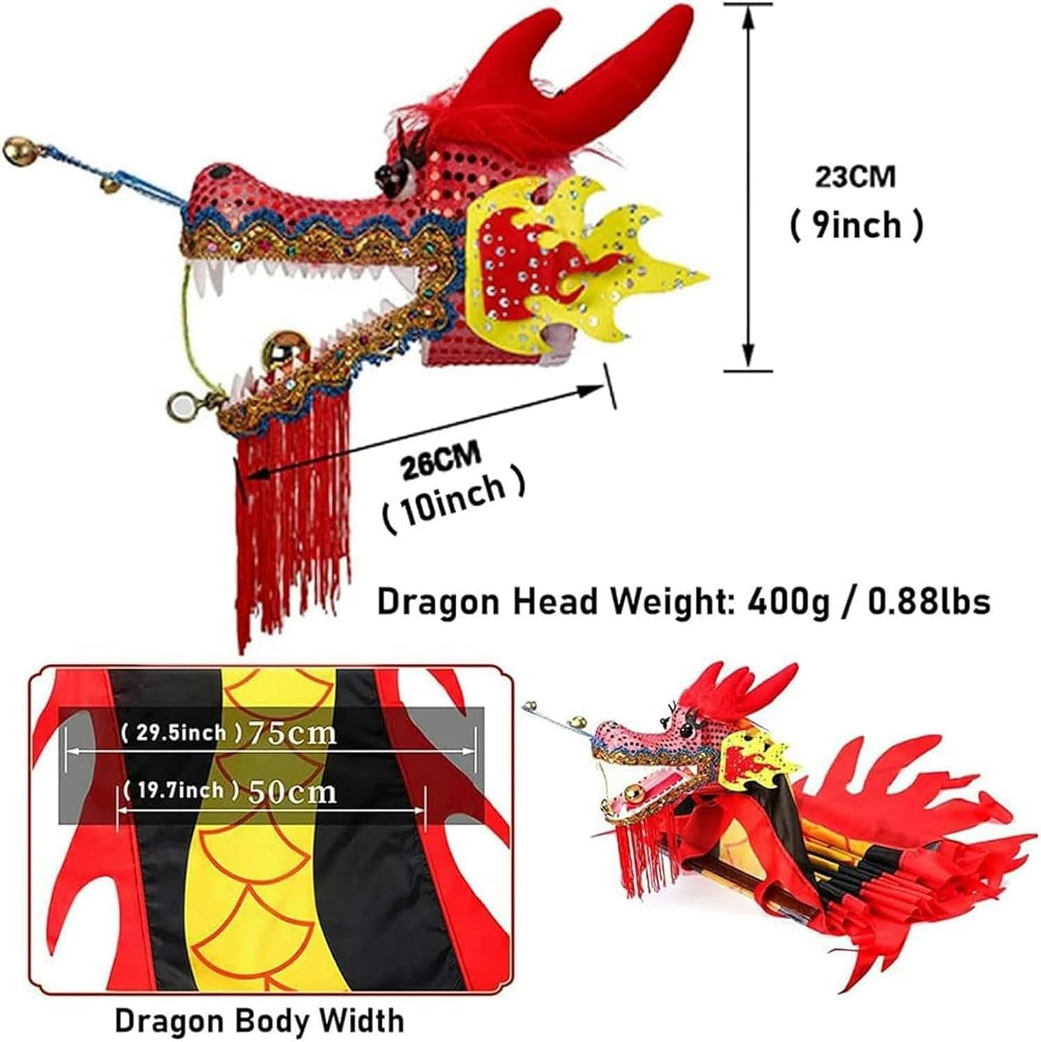 Shaking Dragon Dance Ribbon with Dragon Head, Silk Flowy Shaking Outdoor Flinging Fitness Dragon Dance for Kids Adults~/