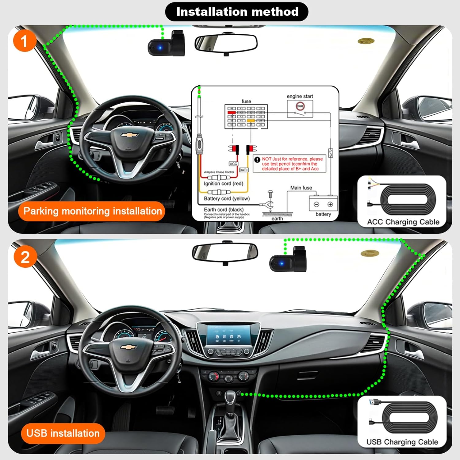 Diagram showing two installation methods for the dash cam: parking monitoring via ACC hardwire kit and standard USB installation.