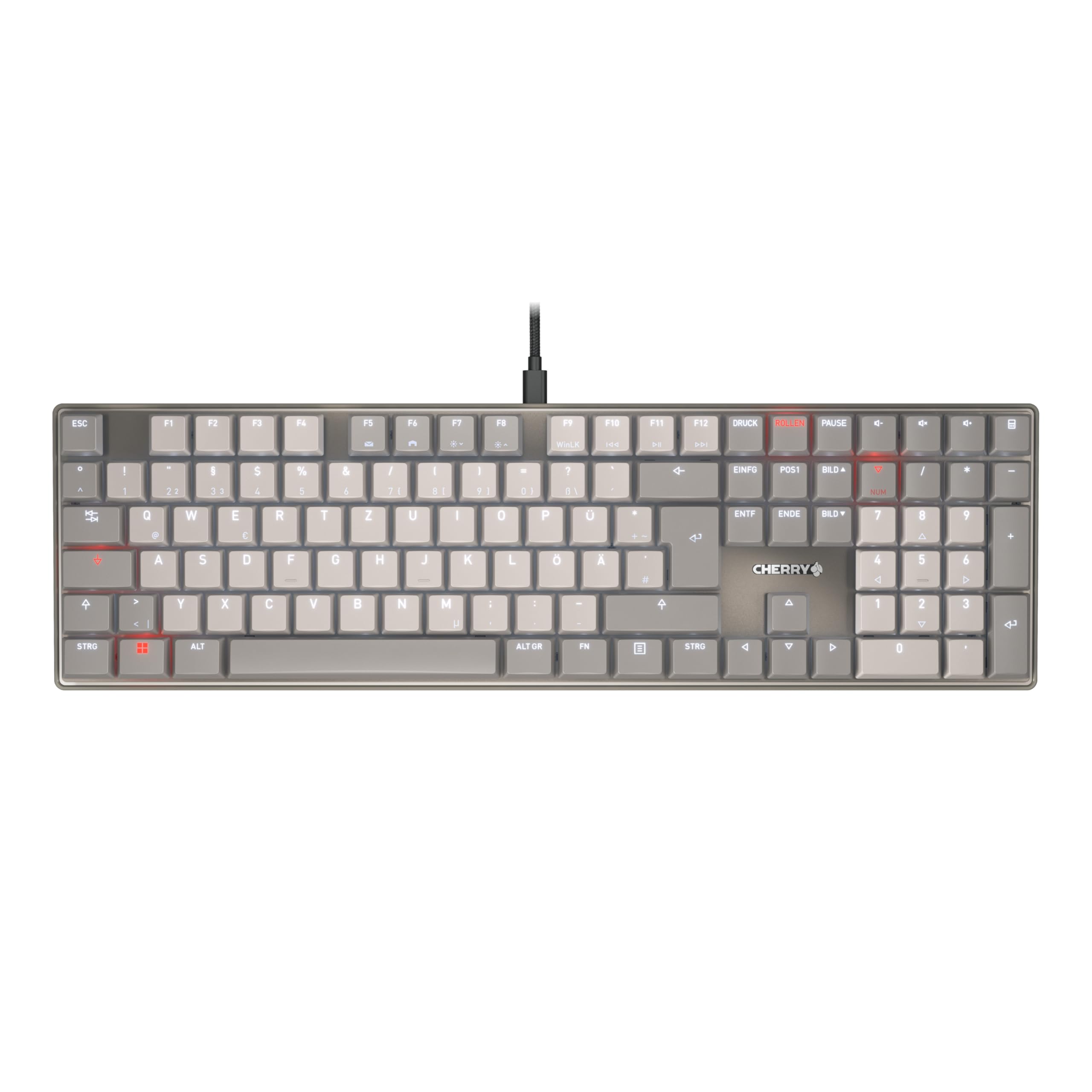 Cherry KC 500 MX LP, Teclado Mecánico De Perfil Bajo, Distribución Alemana (QWERTZ), con Cable (USB-A), Iluminación Blanca, Interruptores MX LP 2.0 Ivory, Gris