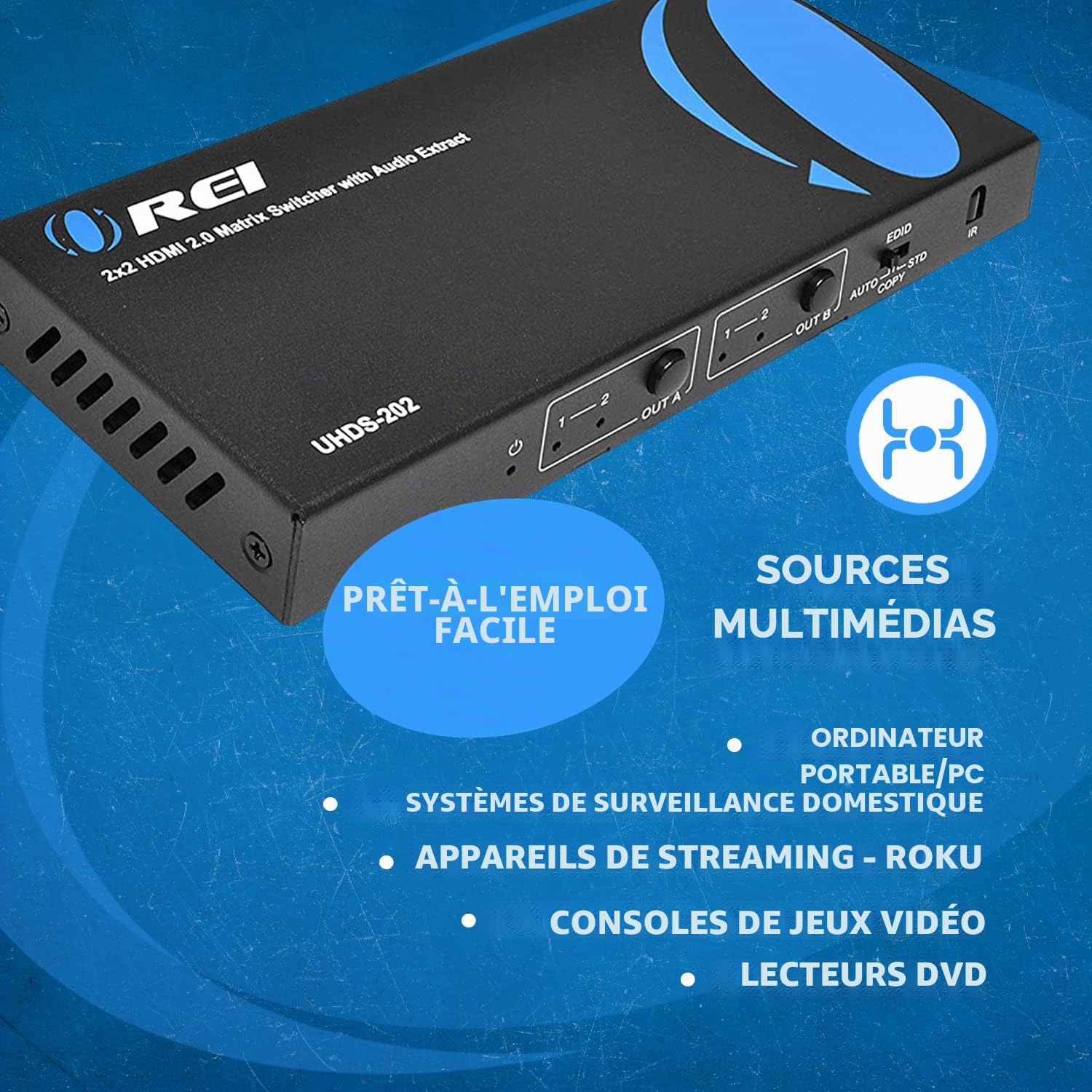 OREI Commutateur matriciel HDMI 4K 2 x 2, commutateur 18G UltraHD Prend en Charge jusqu'à 4K @ 60Hz et 1080p IR EDID HDCP 2.- Télécommande (UHDS-202)