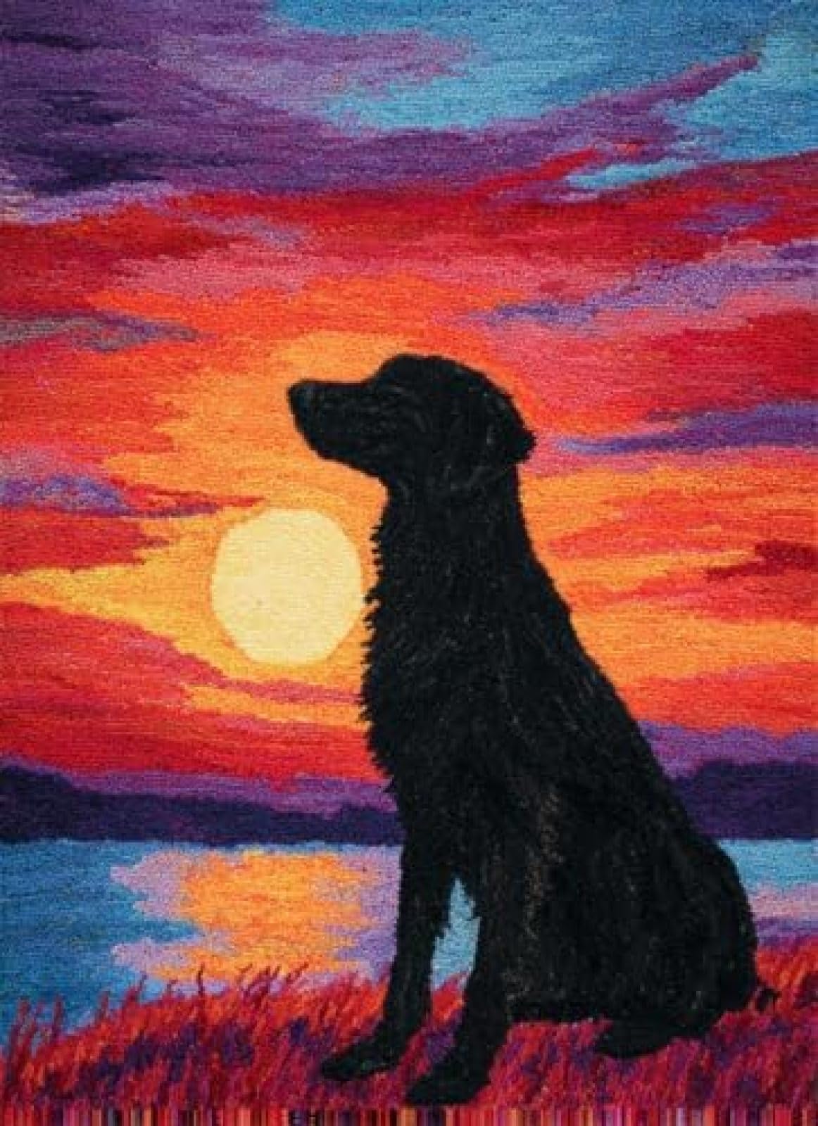 XDEGHUANGSS Latch Hook Rug Kit Flat-Coated Retriever Sit Under Sunset Cushion Cover DIY Craft Set Pre-Printed Mat 38x52cm for Home Decor