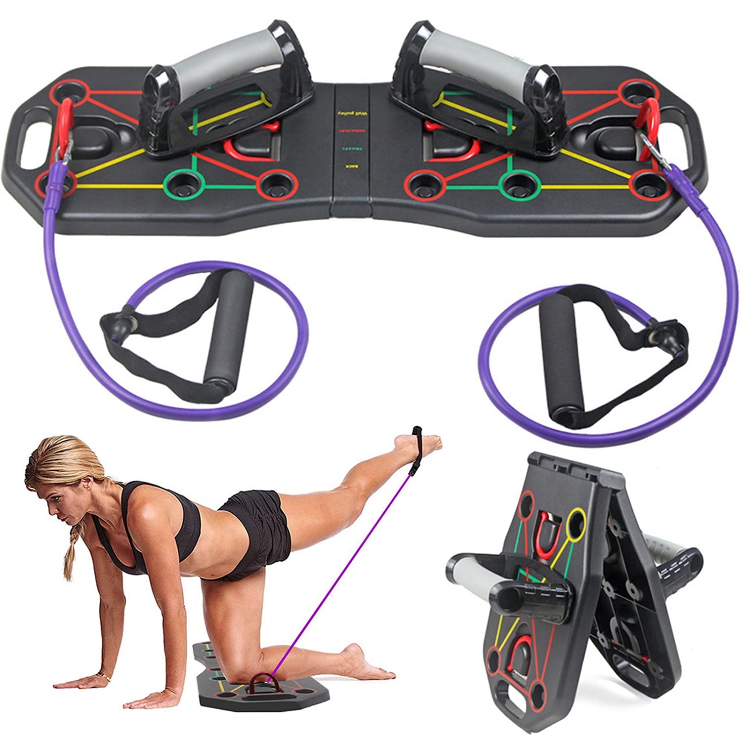 HYJMJJ Multi-Function Foldable Push Up Board System with Resistance Tube Bands Pull Rope Bodybuilding Exercise Push-up Stand Board Strength Training Push Up Stands Home Workout Equipment