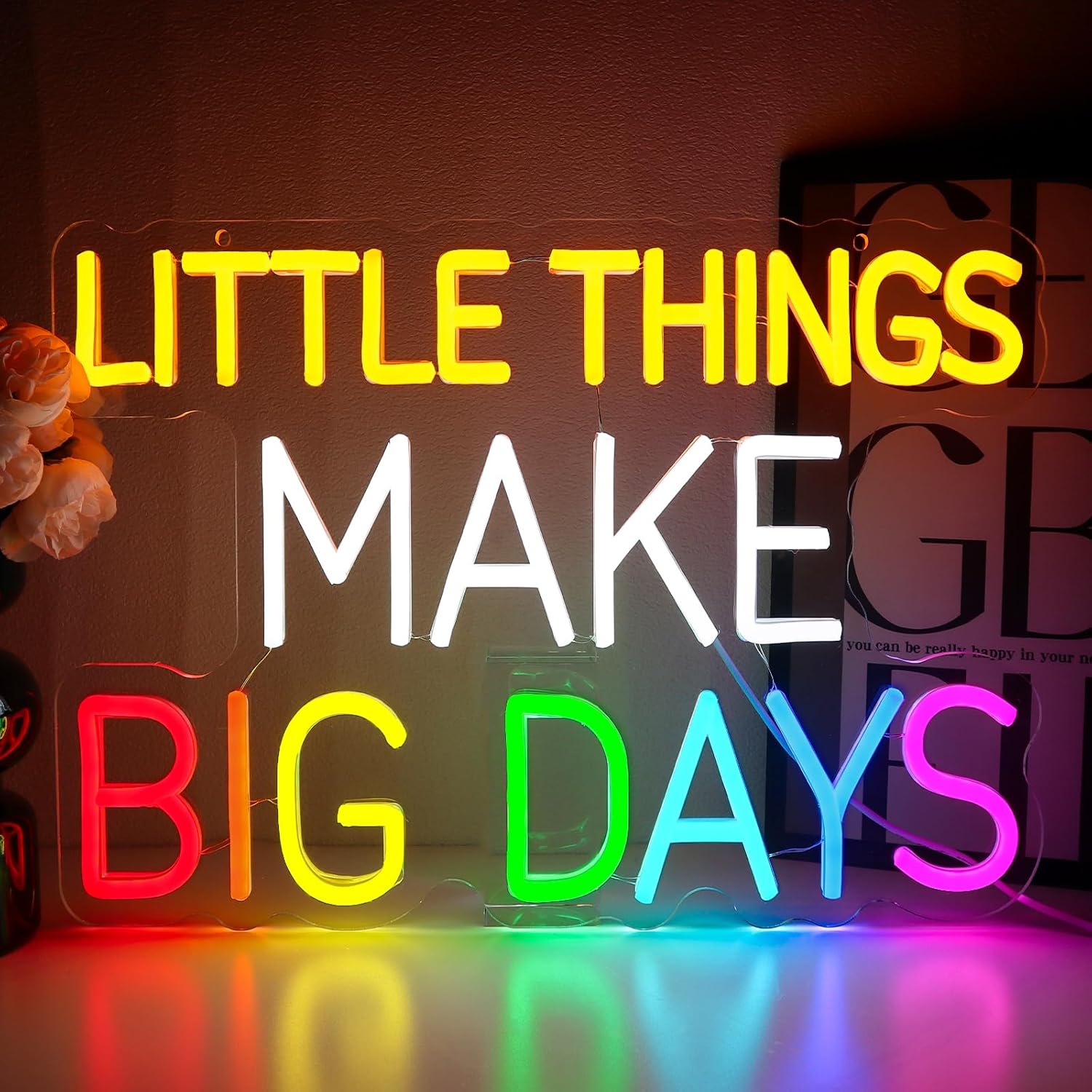 Little Things Make Big Days Neon Sign for Wall Decor, Colorful Led Signs for Bedroom, USB Dimmable Positive Neon Lights for Classroom Home Club Motivational Birthday Party Office Decoration Wall Art