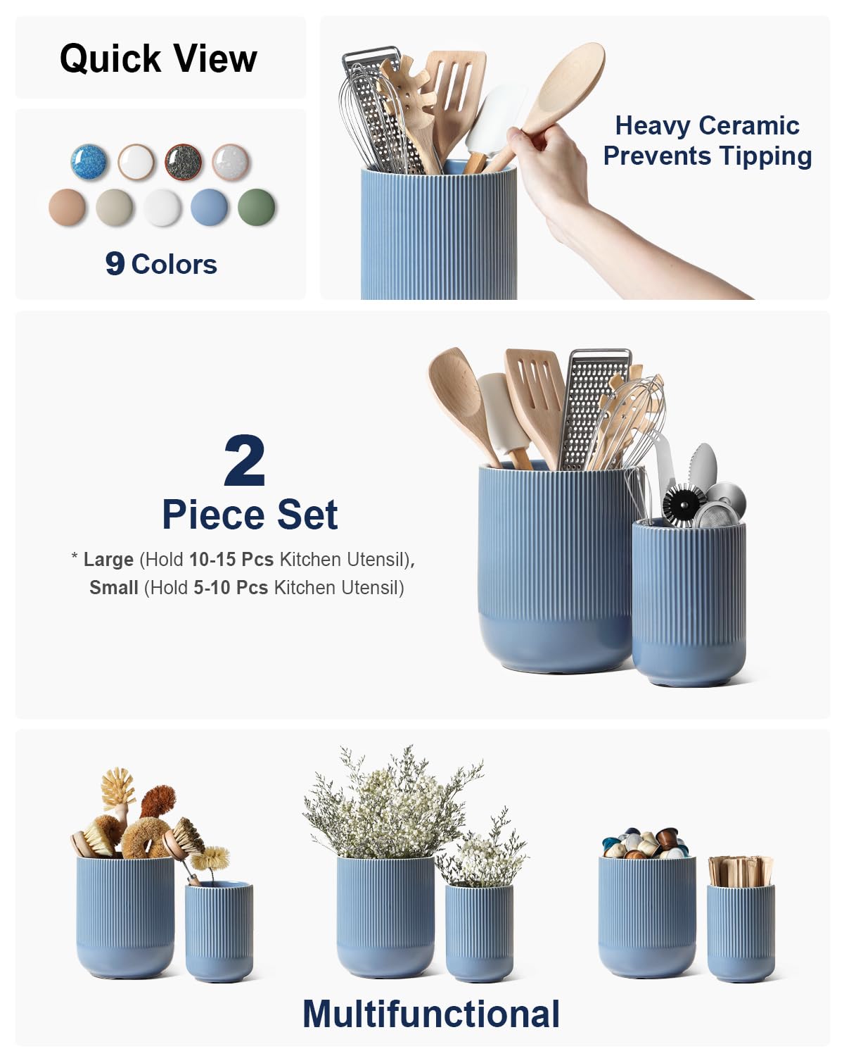 LE TAUCI Lot de 2 porte-ustensiles de cuisine en céramique de 18,5 cm + 13,7 cm pour comptoir, grands pots à ustensiles de cuisine pour comptoir de cuisine, organiseur moderne pour spatule, bleu