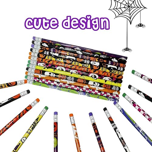 Miniatura 3 de 60 lápices de Halloween a granel surtidos coloridos con temática de Halloween, fantasma, calabaza, esqueleto, murciélago, araña, lápices de madera