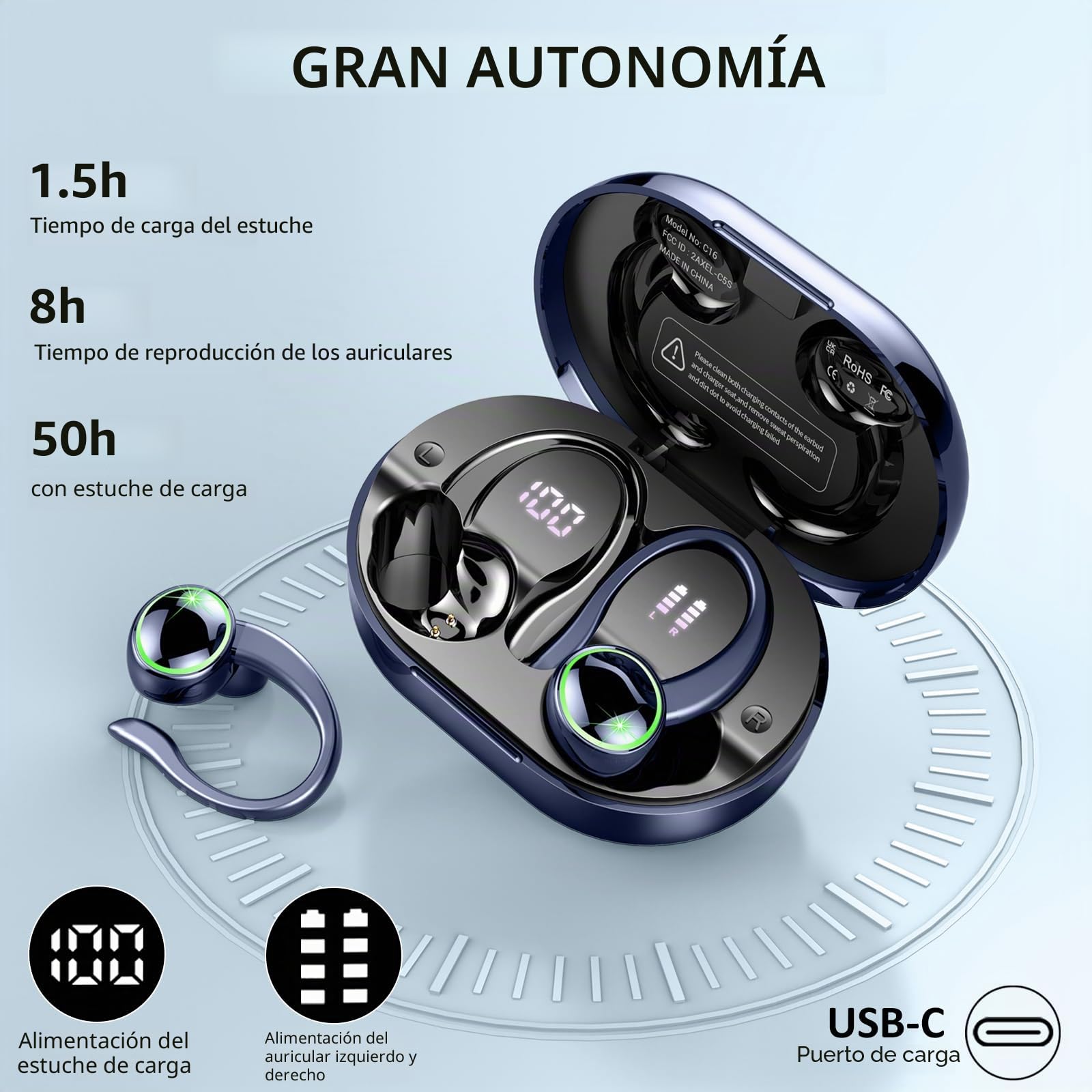 Matast Nueva Auriculares Inalambricos Deportivos, Auriculares Bluetooth 5.4 HiFi Estéreo con 4 HD Mic, 50H Cascos Inalambricos Bluetooth con Cancelacion Ruido ENC, LED