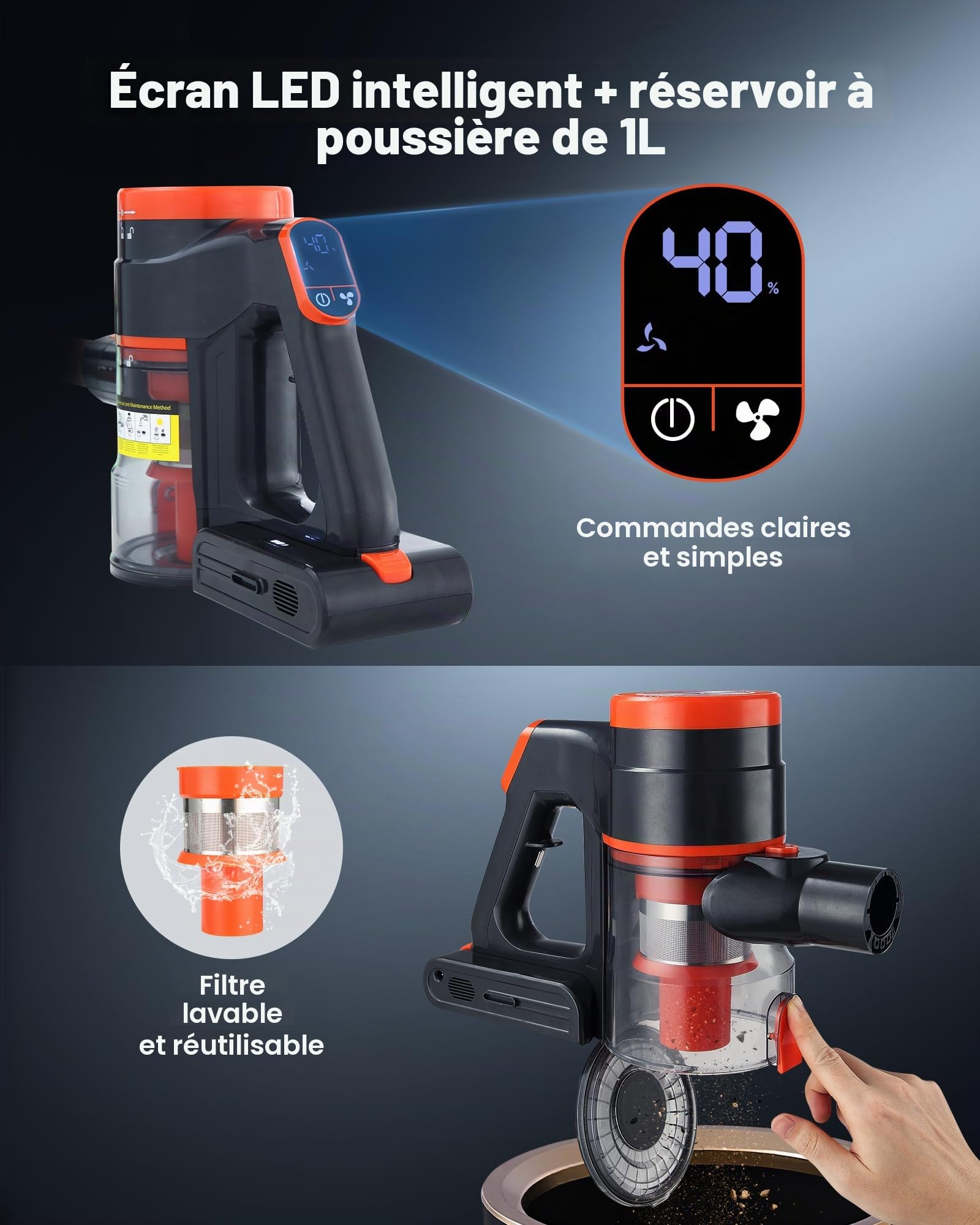 VEVOR Aspirateur Balai sans Fil à Aspiration Puissante 40 kPa, Aspirateur Laveur Rechargeable Anti-enchevêtrement avec Écran LED, Léger avec Autonomie de 47 Minutes, pour Tapis Poils Sols Durs