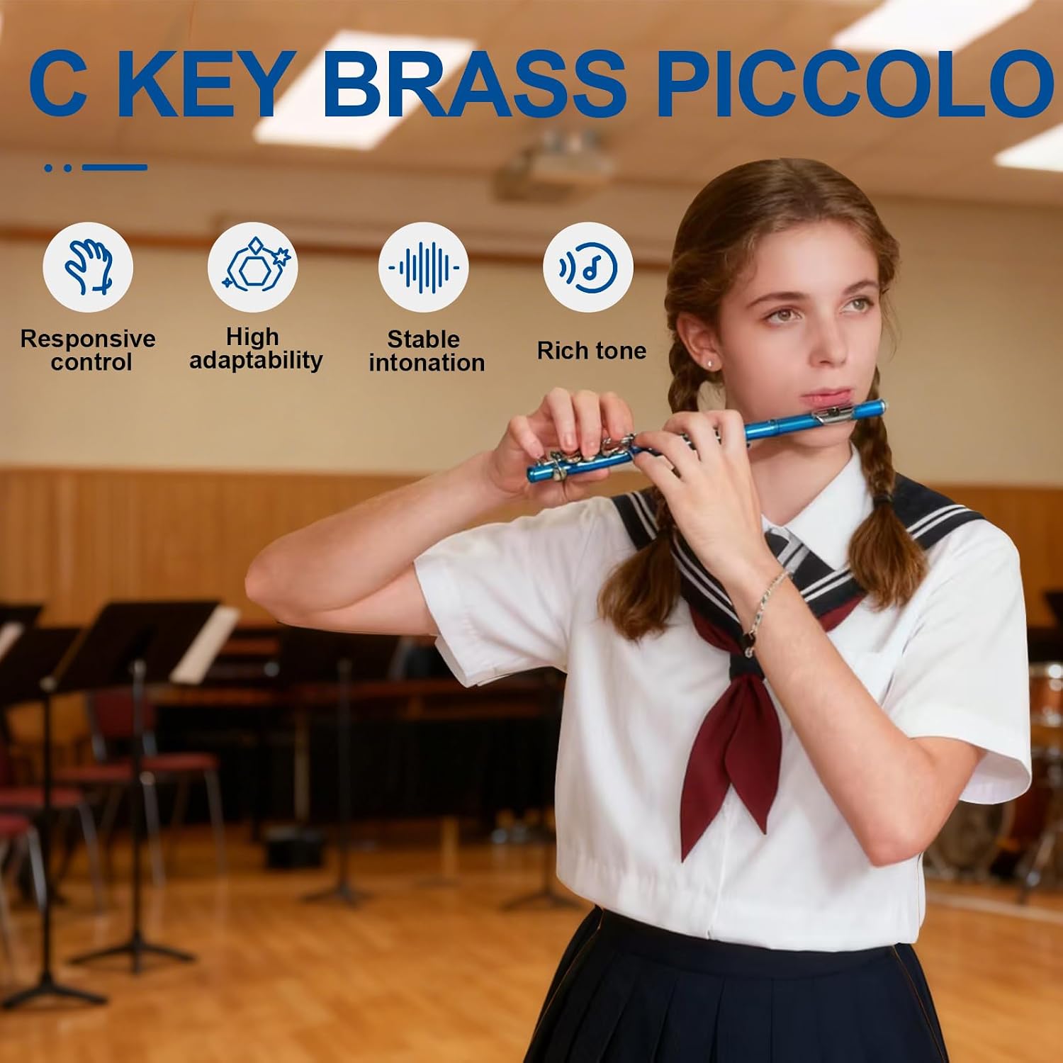 Kmise Closed Hole C Piccolo, Professional Nickel Silver Body with Bronze Finish, Includes Gig Bag, Manual and Cleaning Kit, for Beginners and School Bands (Blue)