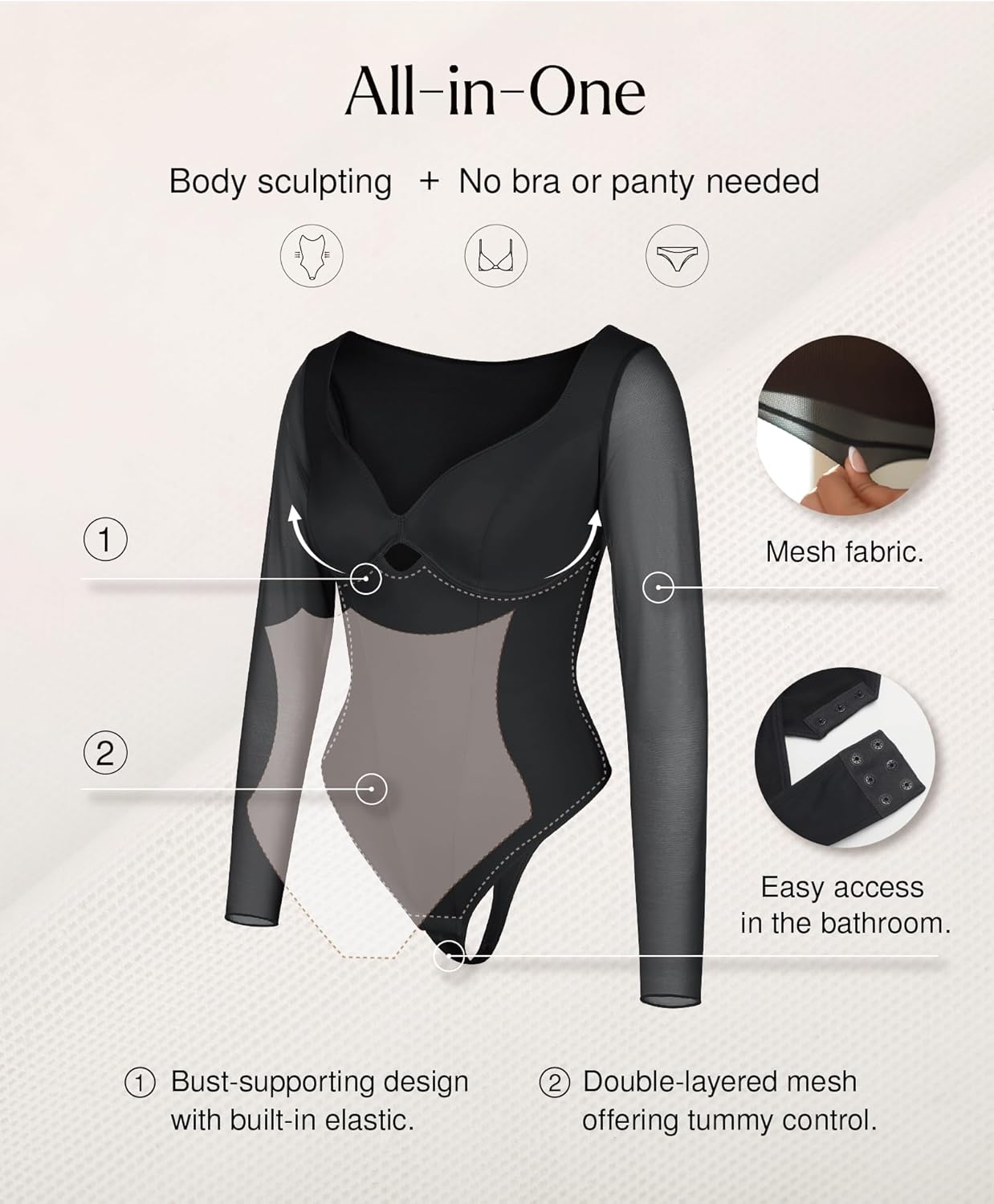 Popilush Long Sleeve Body Suits Womens Shapewear Bodysuit Tummy Control Going Out Mesh Corset Bodysuits for Women Tops V Neck Cutout Fall Winter Black - Image 2