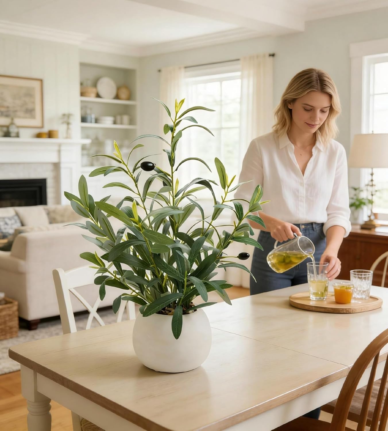 17" Artificial Olive Potted Plant with White Ceramic Planter Faux Olives Realistic Tabletop Indoor Plant for Home Office Kitchen Bathroom Decor