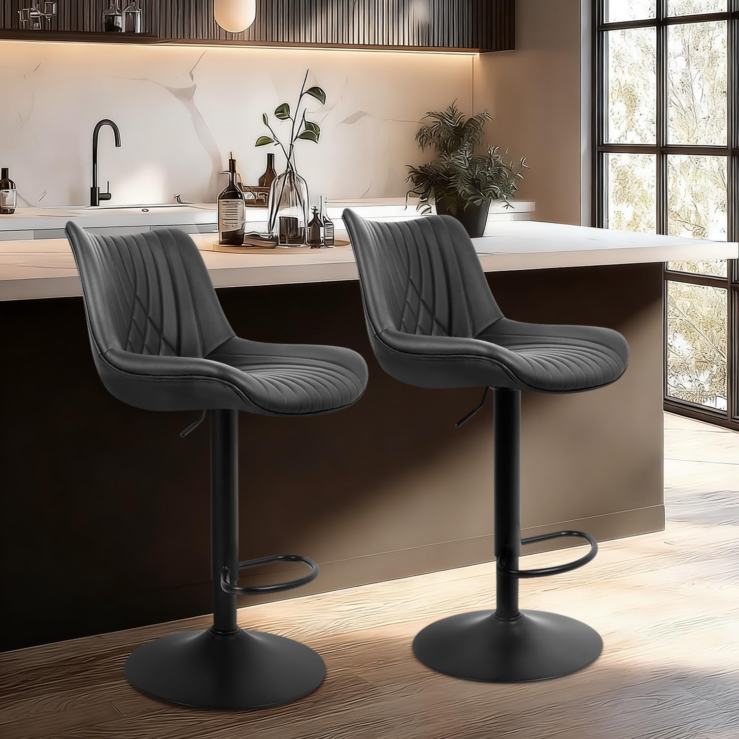 VATROS Bar Stools Set of 2, Adjustable Counter Height Bar Stools with Open Back and Footrest, Premium Faux PU Leather, Modern Upholstered Swivel