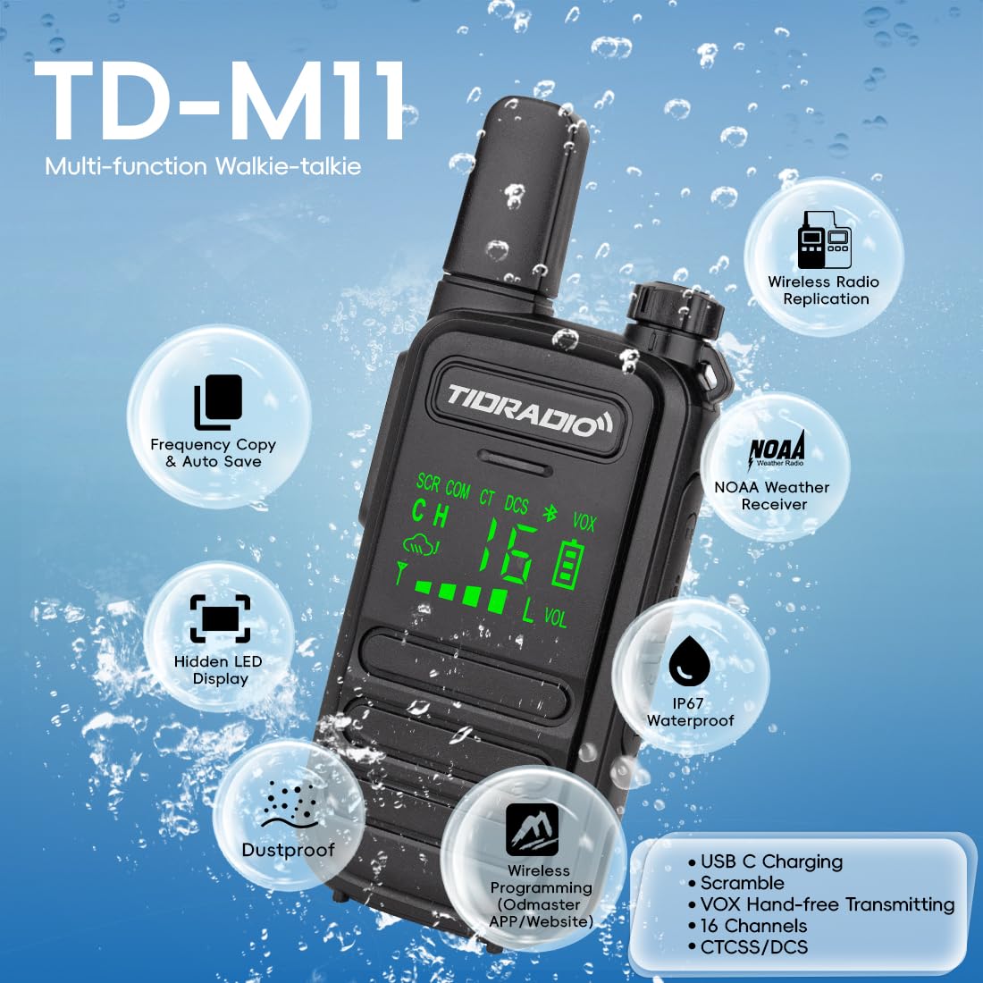 TIDRADIO TD-M11 Walkie Talkies for Adults Kids, Long Range Waterproof PMR446 Licence Free 16CH Type-C Rechargeable LED Light Screen Earpieces-2Pack Two Way Radio — view 3