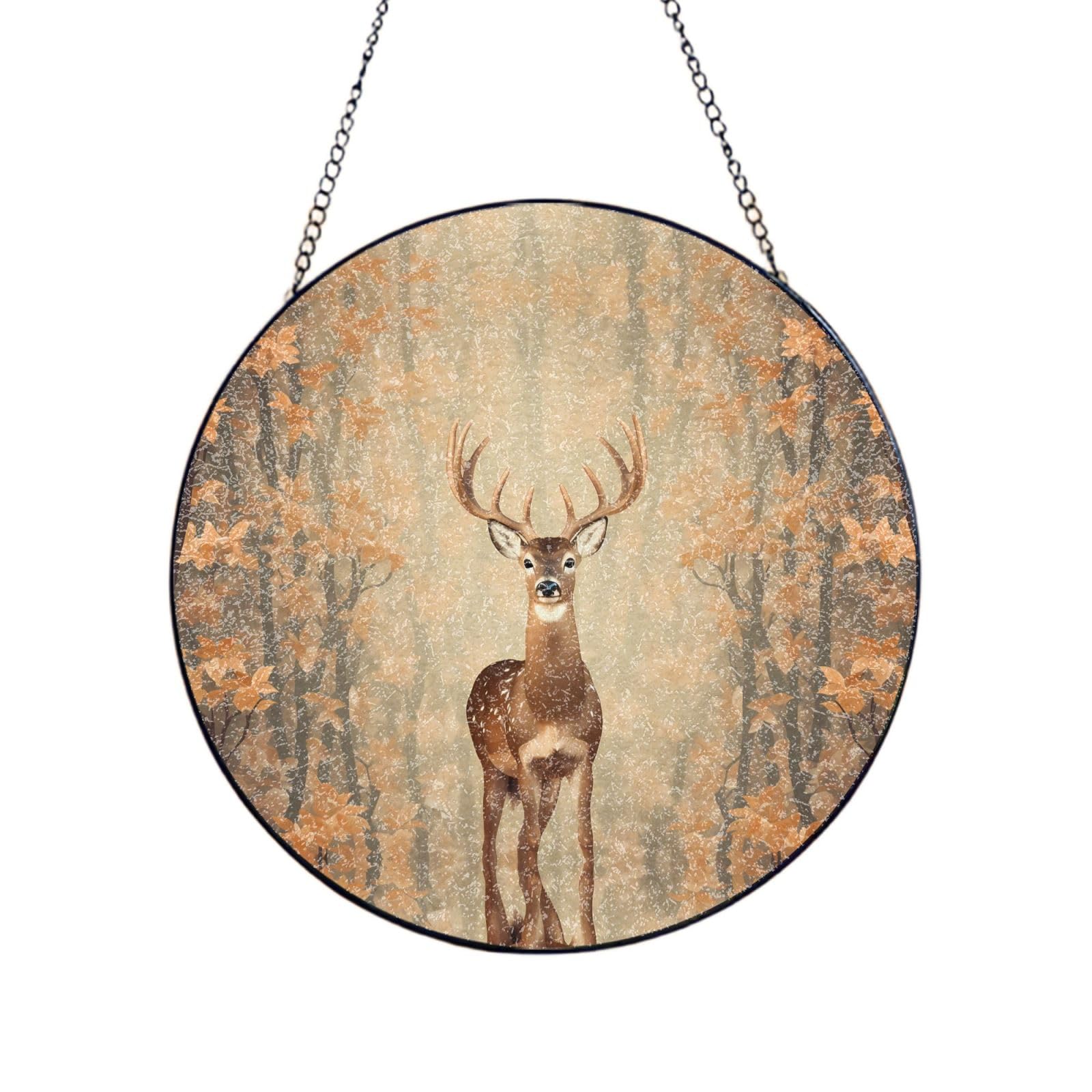 Phayah Sika Deer In The Jungle Print Glass Window Hanging Sun Catchers Suncatcher Decor For Birthday For Home Garden Porch 10in（25cm）