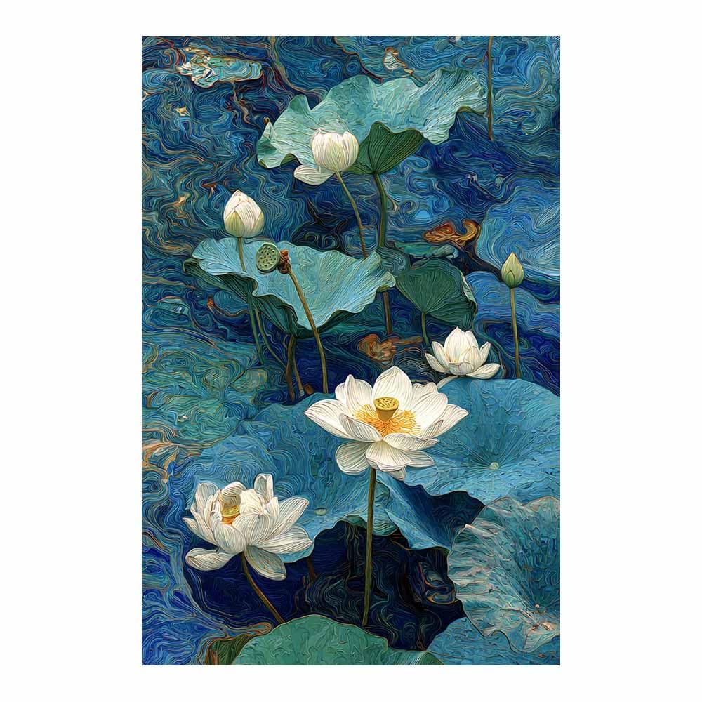 Xeniou Multicolor Flower Canvas Wall Art Blue Lotuses Pond Art Canvas Wall Art, For Living Room Bedroom Home Wall Decoration(Multicolor)-80X120cm Unframed